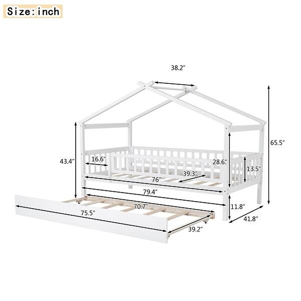 dimension image slide 2 of 8, Twin/Full Wooden House Bed with Trundle - Solid Wood Design