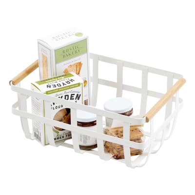 Yamazaki Home Storage Basket - Two Sizes, Steel and Wood - L 8.66 x W 13.98 x H 6.1 inches