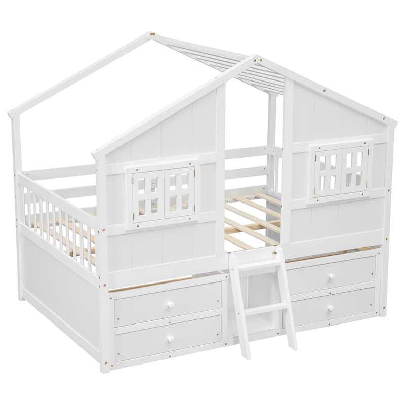 Wood Full Size House Loft Bed with Roof, Windows,4 Storage Drawers