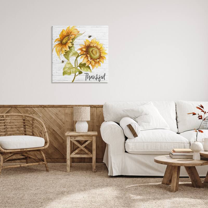 Stupell Thankful Text Country Sunflowers Bumble Bees Canvas Wall Art