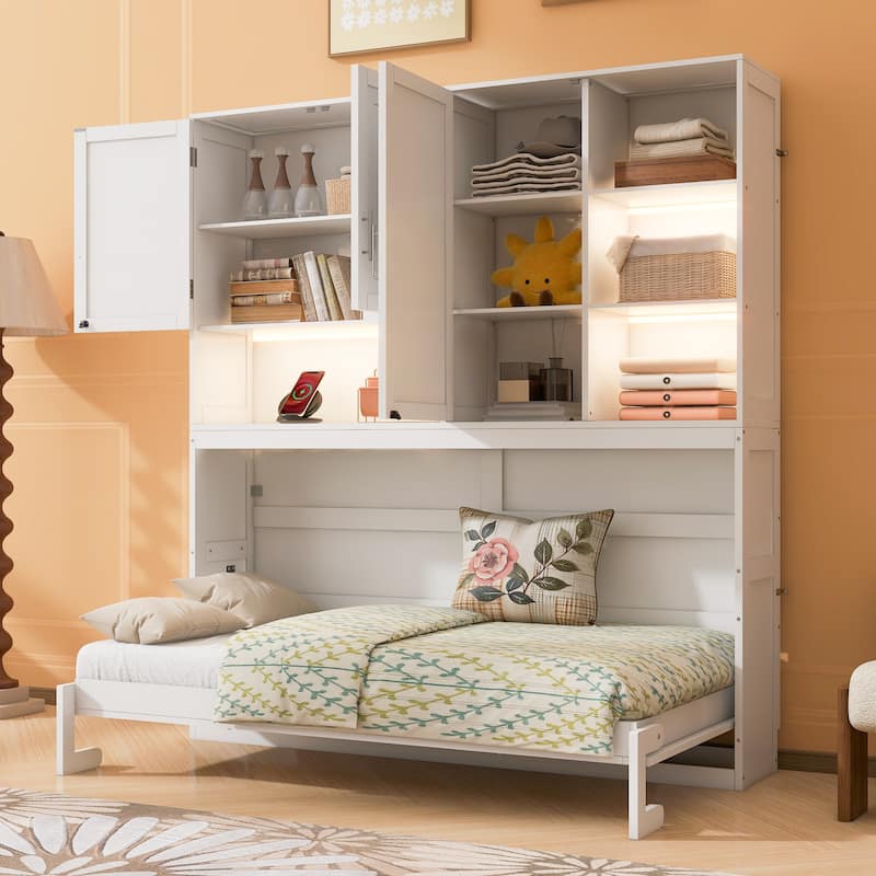 Twin/Full Size Murphy Bed Wall Bed with Top Cabinet, Shelves, Light, USB, and Storage, Space-Saving Foldable Design