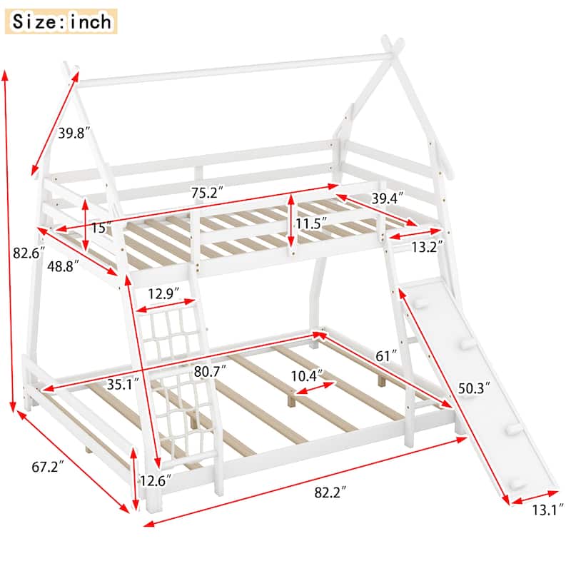 Kids Twin Over Queen Bunk Bed with Climbing Nets, Playhouse Design, and Ramp