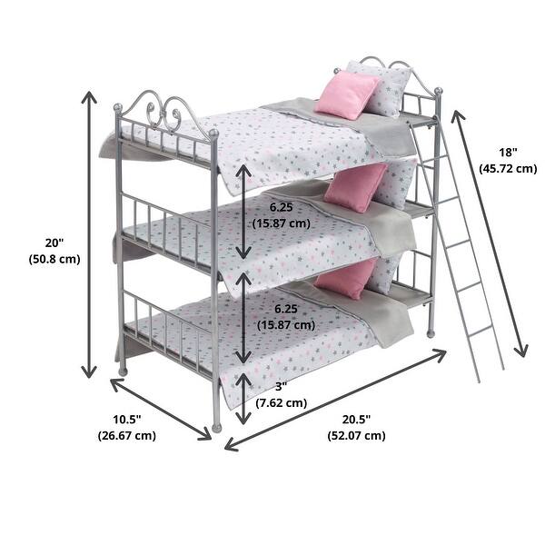 Badger Basket Scrollwork Metal Triple Doll Bunk Bed with Ladder and Bedding - Silver/Pink/Stars