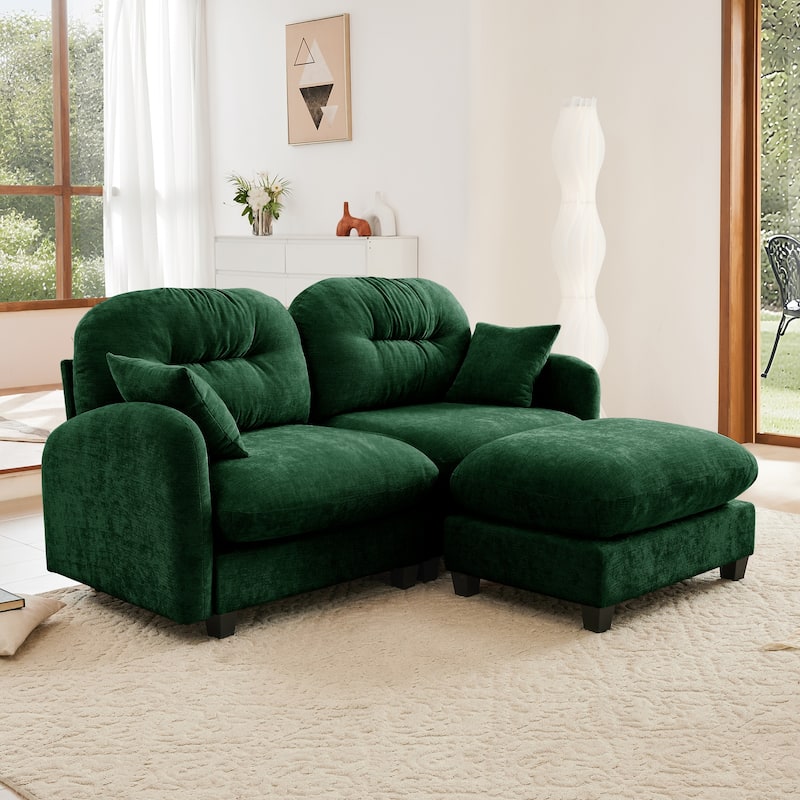 2 Seat Chenille Sofa Round Arms Sectional Sofa, Modern 74" Tufted Back Couch with Ottoman for Lving Room, Small Space