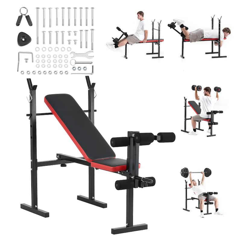 Black Steel Multi-Function Bench with Squat Rack & Foldable Design - 55.1x26.4x42.5 inch