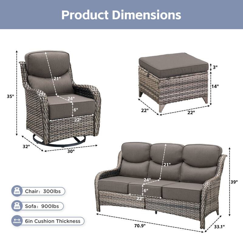 Arcadia 5-Piece Wicker Patio Conversation Set with Swivel Gliders and 6-Inch Thick Olefin Cushions