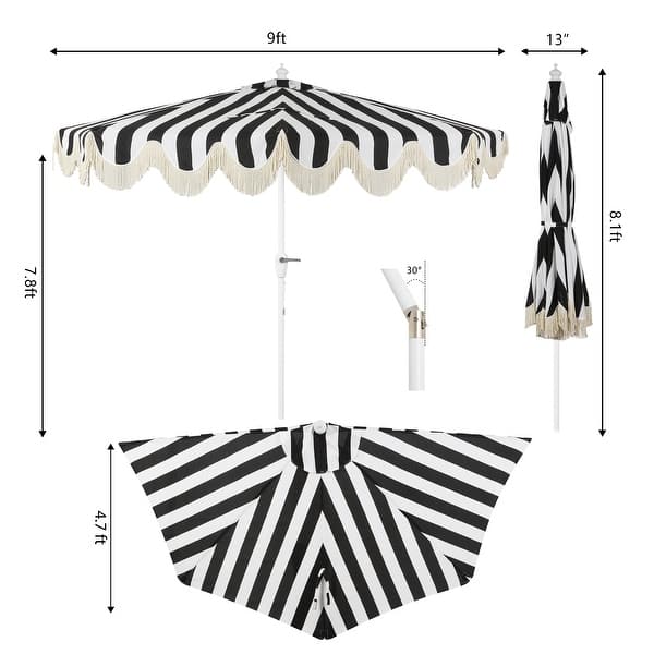 dimension image slide 1 of 12, 9ft Half Market Umbrella, Scalloped, Crank, Tilt, UV, by JONATHAN Y