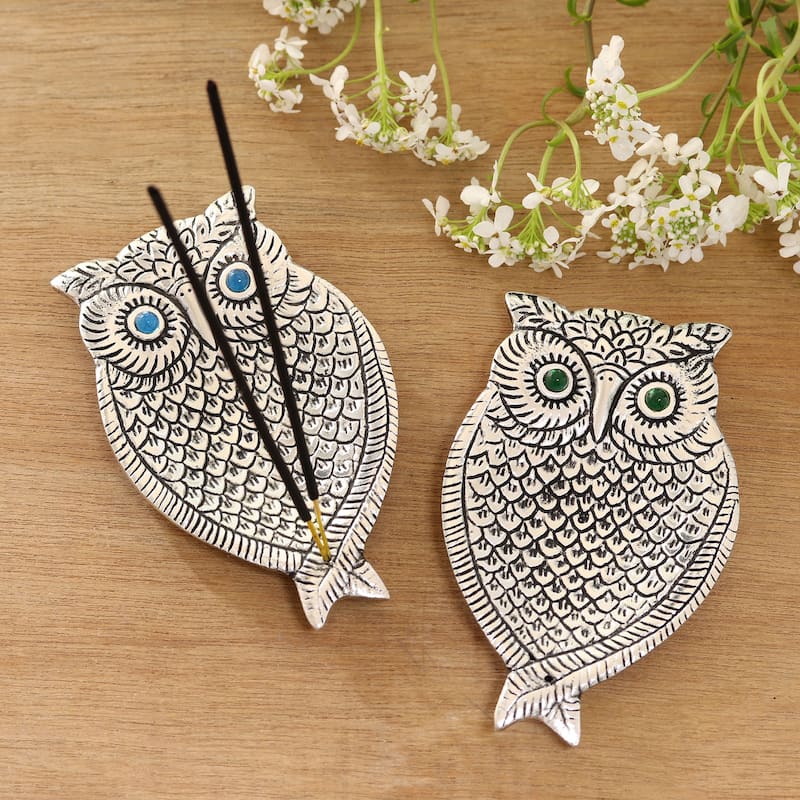 Novica Handmade Wise Owl Aluminum Incense Holders (Pair)