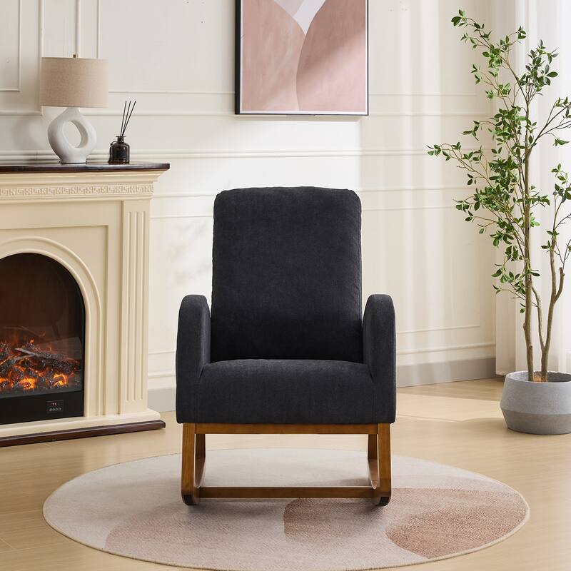 Black Modern 27.17" High Back Rocking Chair with Side Pocket and Rubber Wood Legs