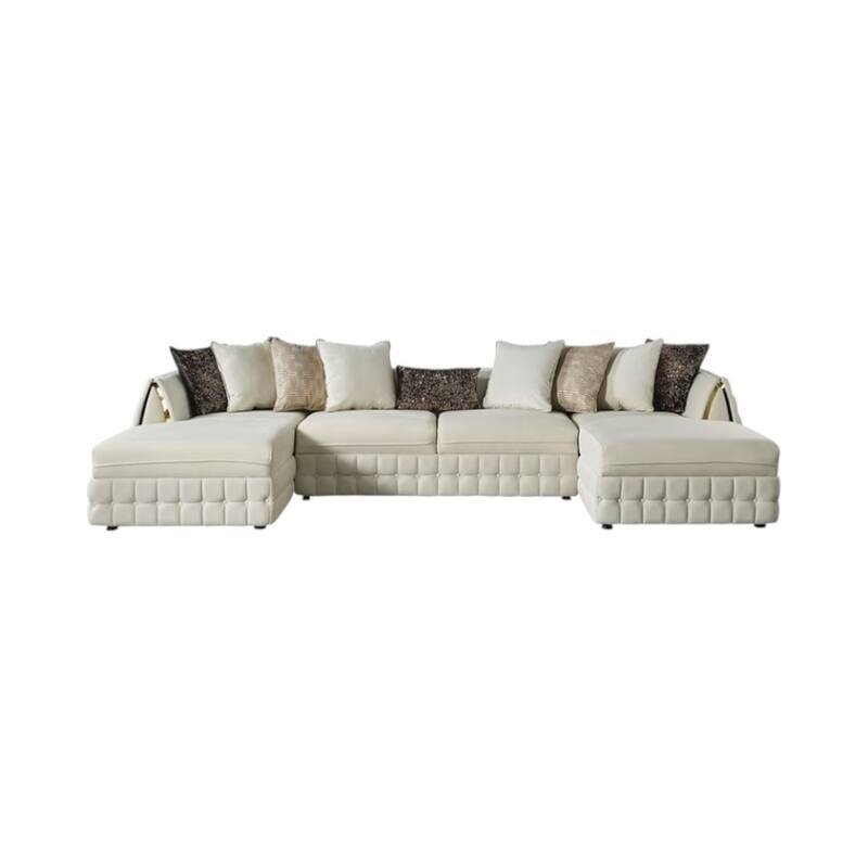 HomeRoots Cream Velvet U Shaped Sofa and Chaise Sectional With Toss Pillows