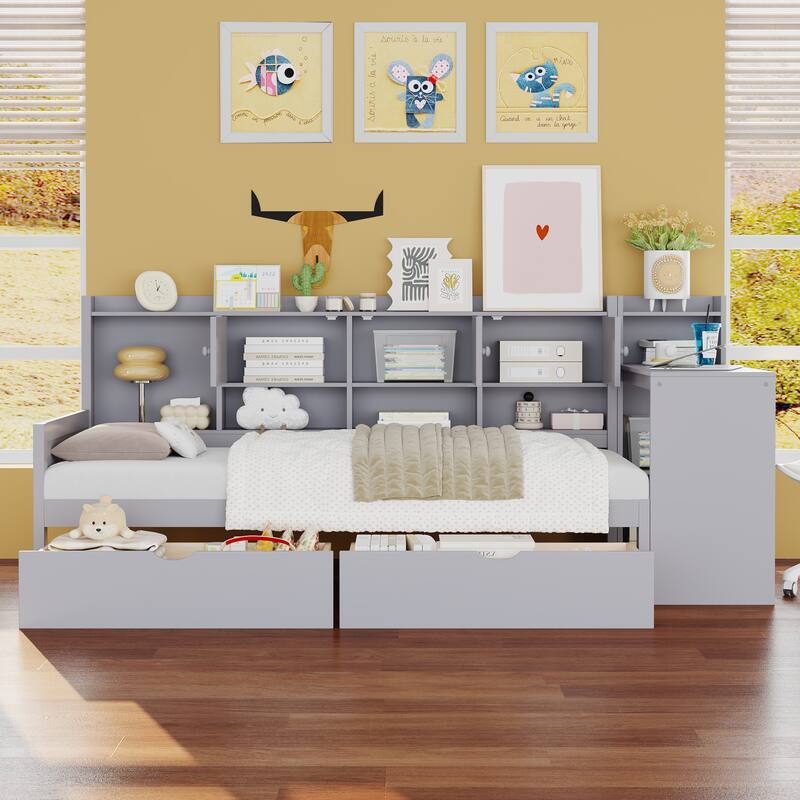 Wooden L Shaped Daybed with Bookcase and 2 Drawers, Multi-functional Corner Platform Sofa Bed Frame with Built In Desk - Gray - Twin