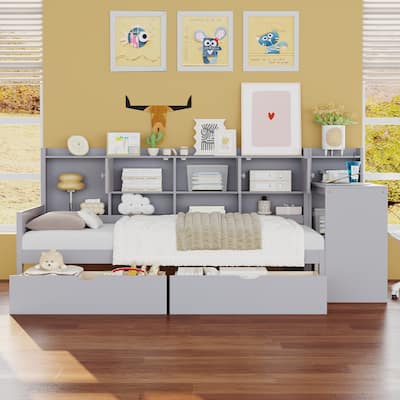 Wooden L Shaped Daybed with Bookcase and 2 Drawers, Multi-functional Corner Platform Sofa Bed Frame with Built In Desk