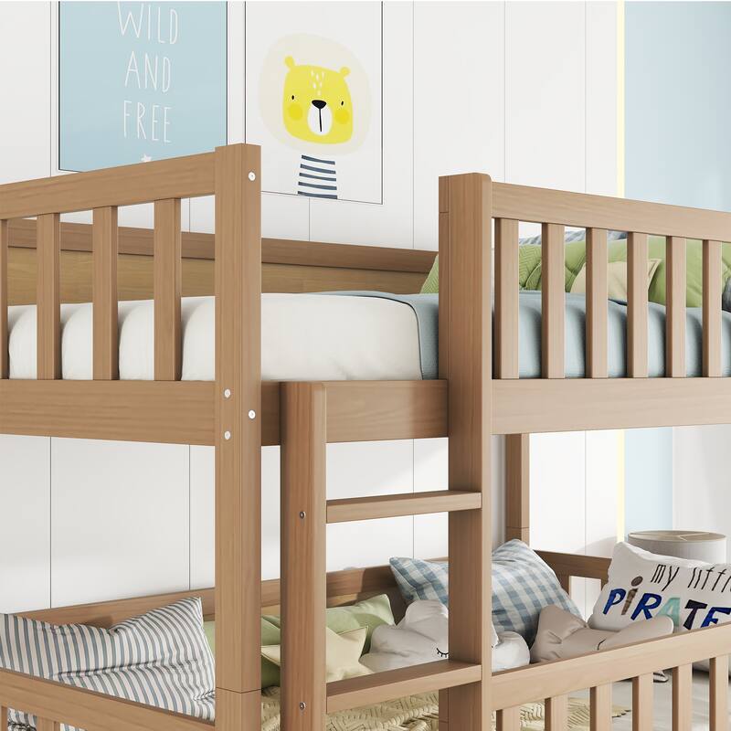 Twin Size Triple Rubber Wood Bunk Bed, with Ladders, Guardrails Detachable Bunk Bed, Twin over Twin over Twin