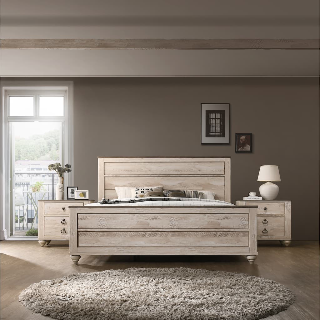 Imerland Contemporary White Wash Finish 3-Piece Bedroom Set-King Bed and Two Nightstands
