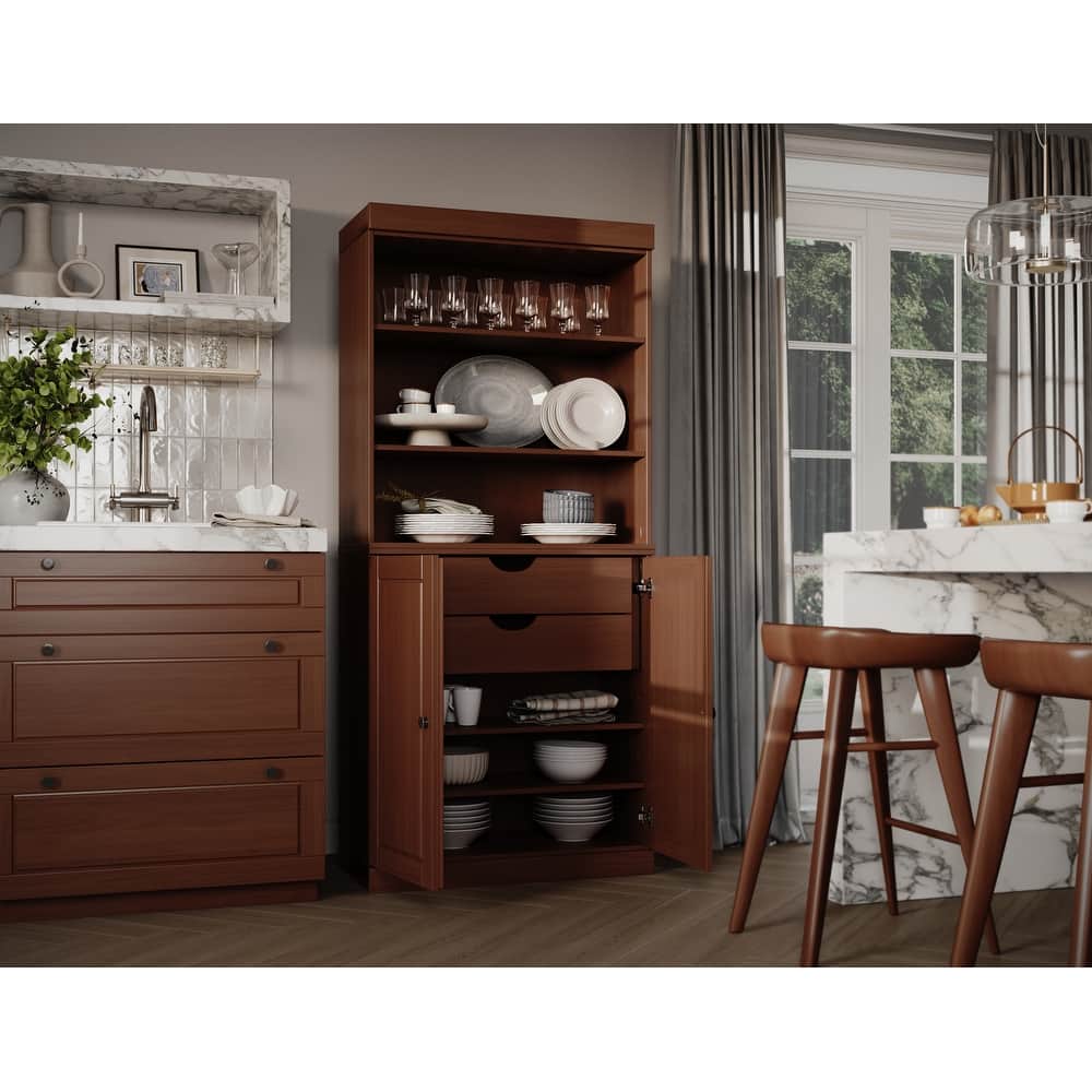 100% Solid Wood Kitchen Pantry Cabinet with 2 Clear Glass or Solid Wood Doors and 2-Drawer Organizer by Palace Imports