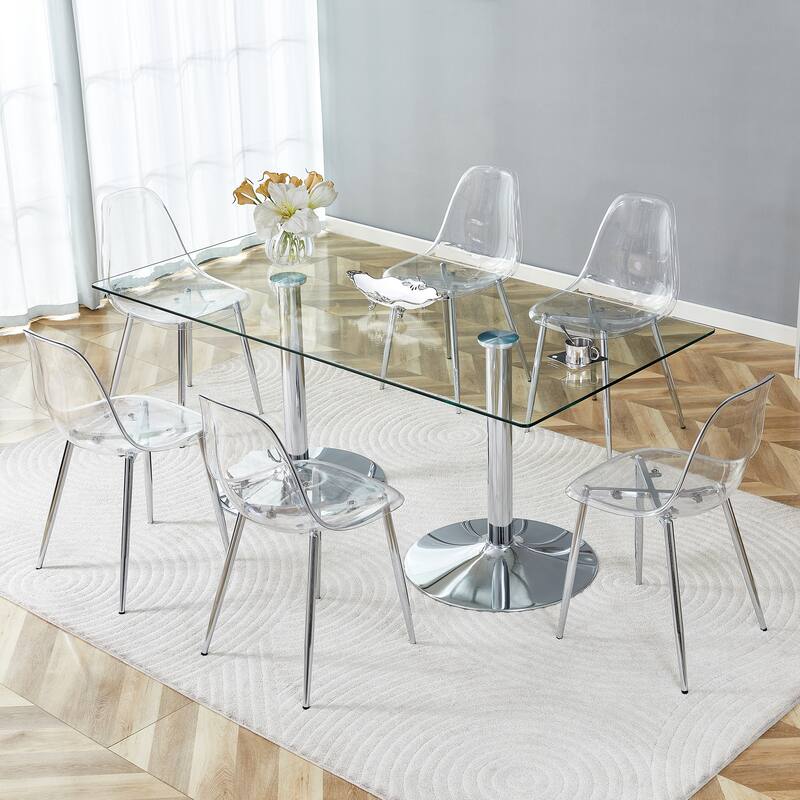 71" Dining Table Set for 6-8, Rectangular Kitchen Table with Transparent Plastic Chairs, Modern Glass Dining Room Table Set