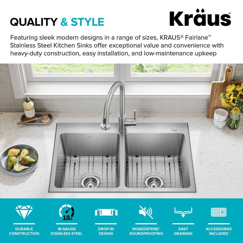 KRAUS Fairlane Drop In Top Mount 18 Gauge Stainless Steel Kitchen Sink