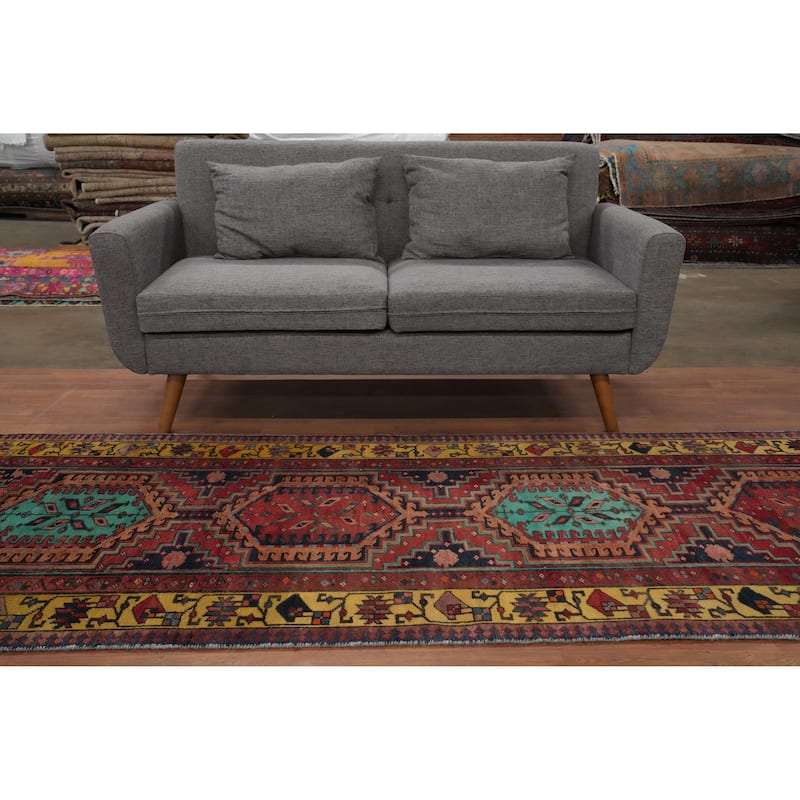 Hand Knotted Oriental 100% Wool Carpet Traditional Geometric Multi-Colored Heriz Runner Rug - 10' 10'' X 3' 5''