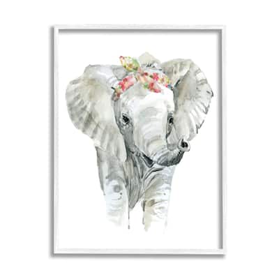 Stupell Chic Baby Elephant with Floral Print Hair Tie Framed Wall Art - Grey
