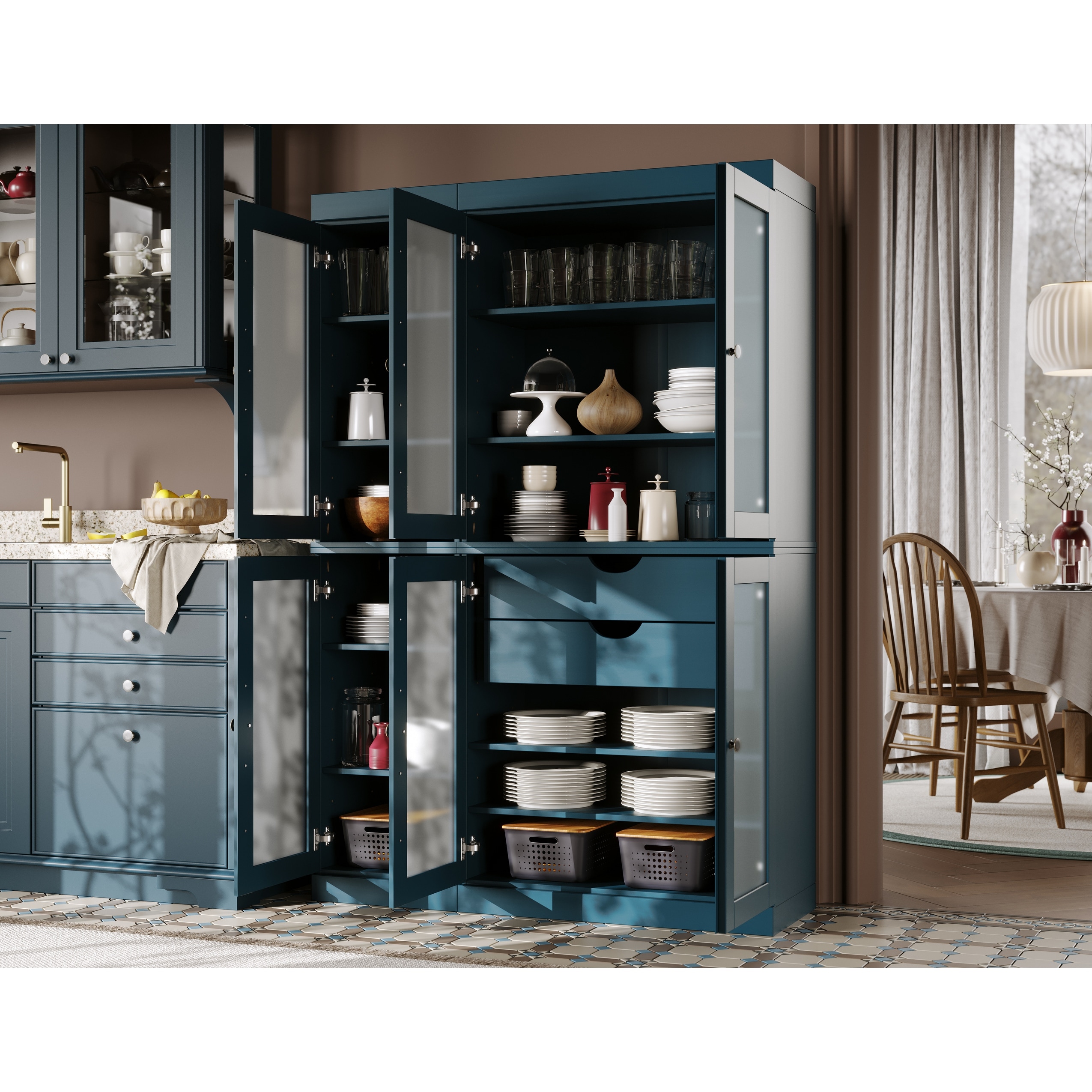 100% Solid Wood 48.5" Pantry Cabinet with Frosted Glass Doors and 2-Drawers