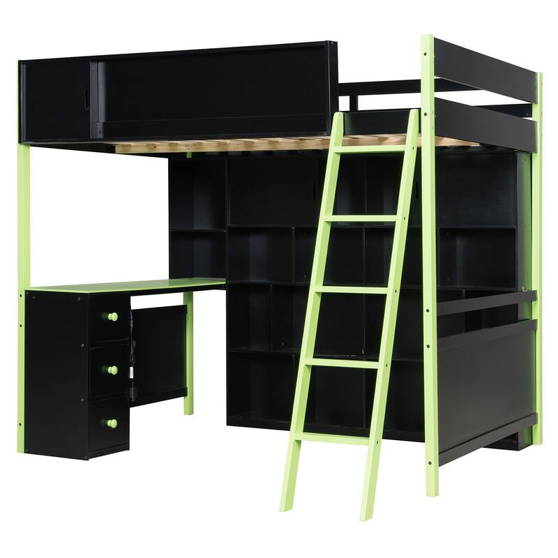 RGB Gaming Loft Bed with Desk, Light Strip, Display Wall, Storage Shelves, Sliding Access Door and Drawers, No Box Spring Needed