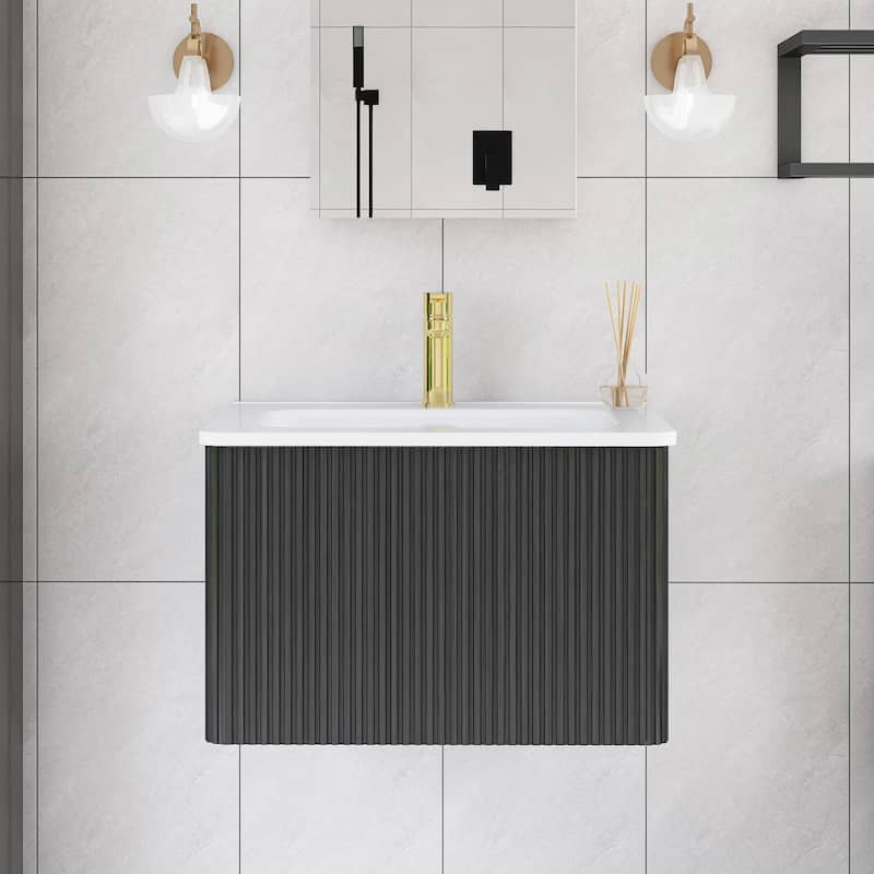 Floating Bathroom Vanity with Glossy White Integrated Ceramic Sink - 24.01'' x 18.3'' x 15.6'' - Black
