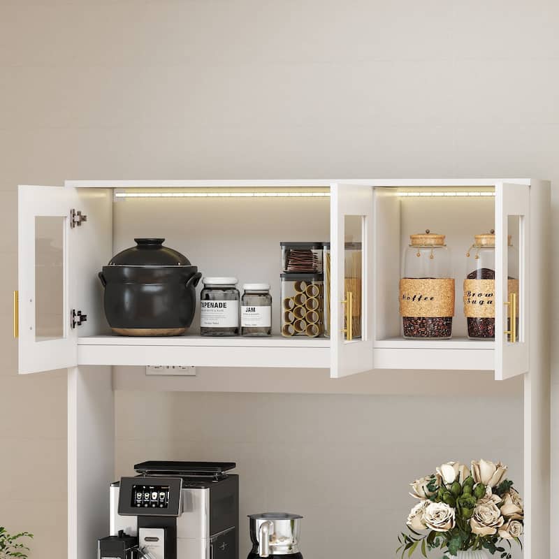 71'' Kitchen Pantry Cabinet with Hutch, Drawer & LED Light, Microwave Stand with Power Outlet for Dining Room or Kitchen