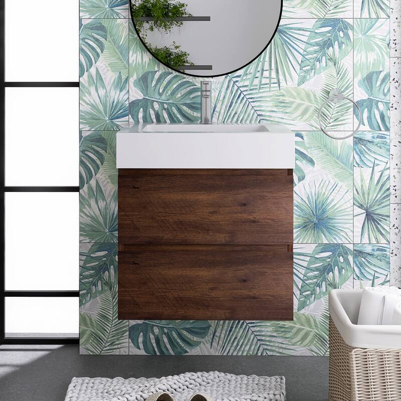 Floating Bathroom Vanity with Solid Surface Top - 24'' x 18.1'' x 25.2'' - Walnut