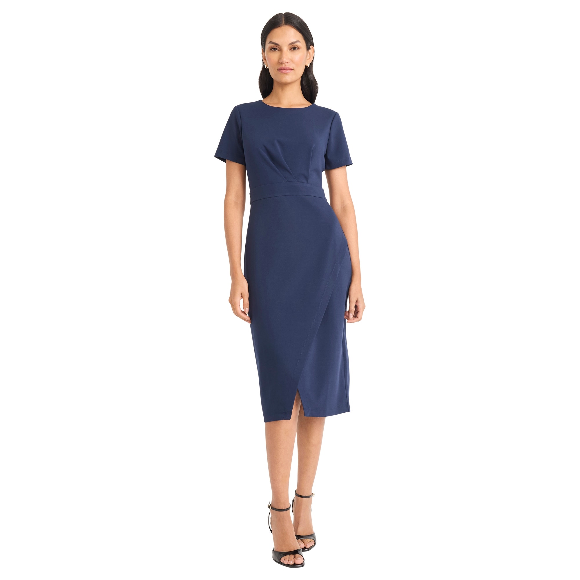 Maggy London Women's Boatneck Short Sleeve Sheath Midi Dress With Wrap Hem And Back Zipper