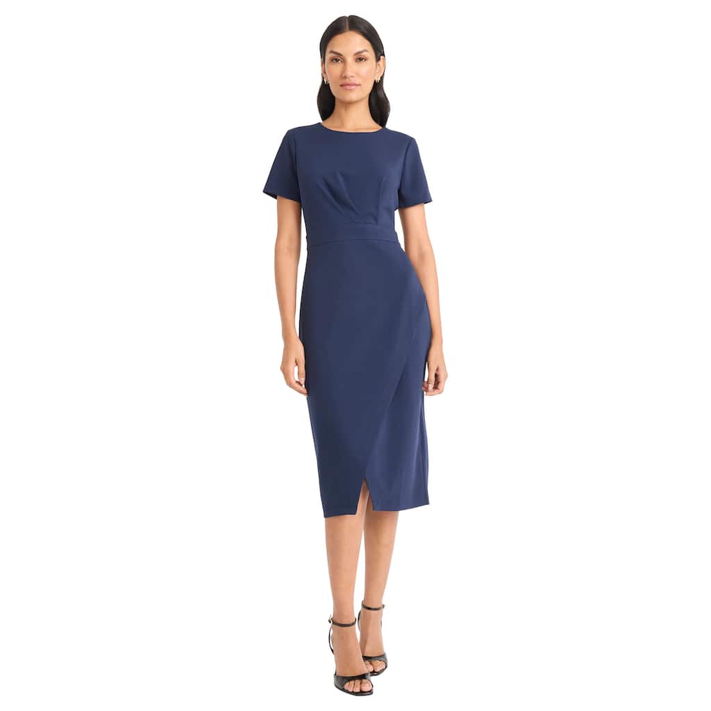 Women's Boatneck Short Sleeve Sheath Midi Dress With Wrap Hem And Back Zipper