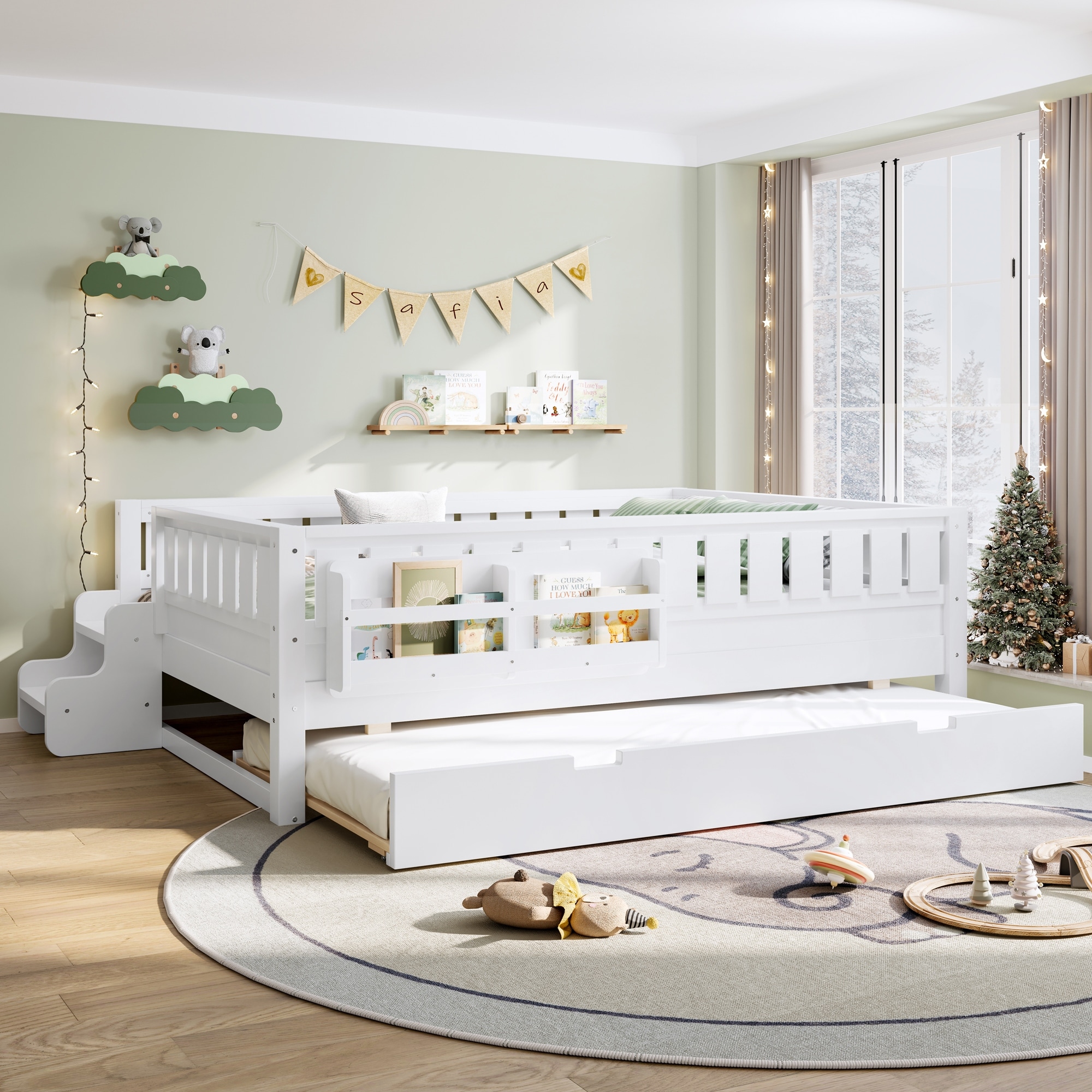 Full With Built-In Bookshelves And Small Staircase, High-Quality Safety Rails, And Trundle