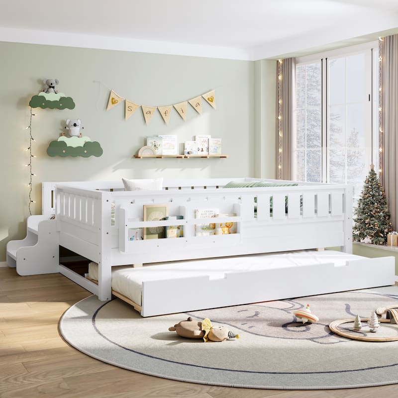 Montessori Toddler Bed with Fence, Low Profile Platform Bed for Kids with Trundle, Built-in Bookshelf and Small Staircase