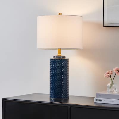 KAWOTI 21.75 Inch Blue Ceramics Table Lamp with Drum Shade