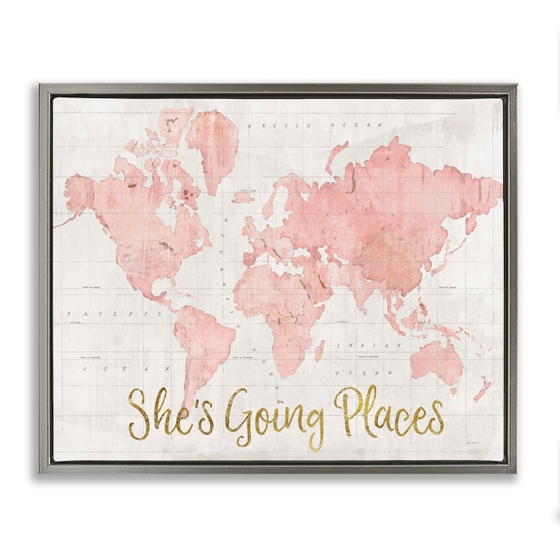 Stupell She's Going Places Quote Pink Watercolor World Map Floater Frame - Beige