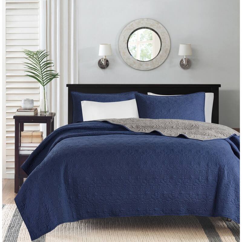 Madison Park Mansfield Reversible Quilt Set - Navy / Dark Grey - Full - Queen