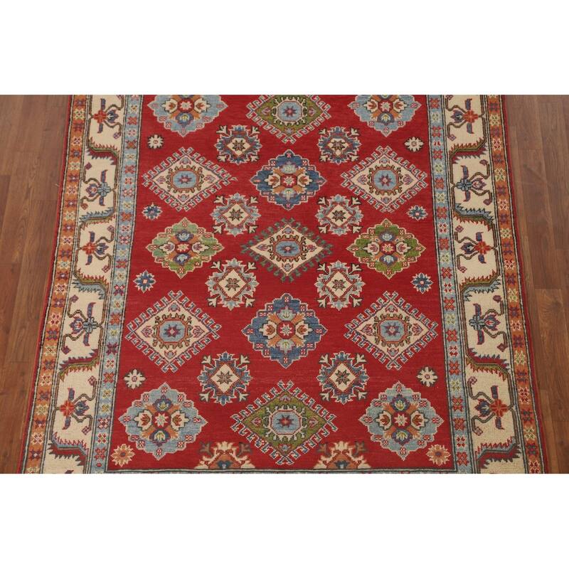 Red Geometric Kazak Area Rug Handmade Wool Carpet - 5'2" x 6'8"
