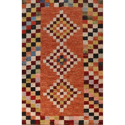 Checkered Orange Moroccan Oriental Rug Handmade Wool Carpet - 6'7" x 9'8"