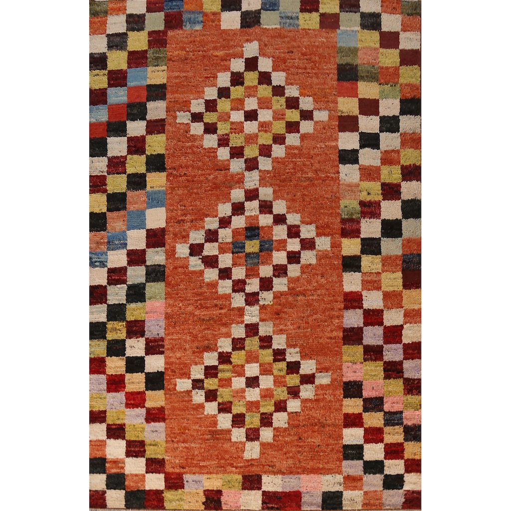 Checkered Orange Moroccan Oriental Rug Handmade Wool Carpet - 6'7" x 9'8"