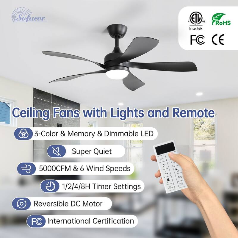 52"/66" Inch Ceiling Fan with Light,APP and Remote Control, Low Profile,Smart Optional