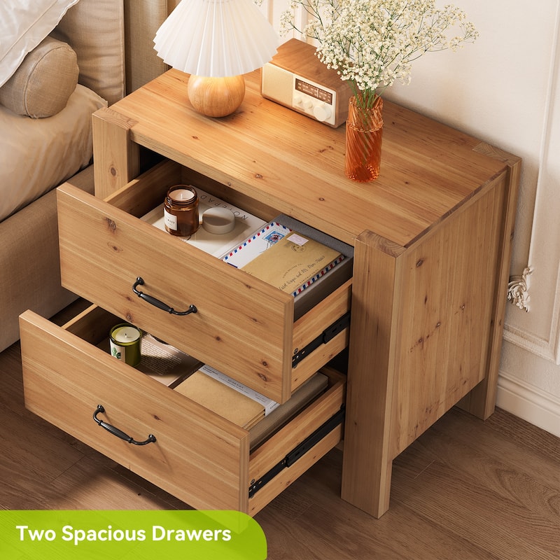 2 Drawer Solid Wood Nightstand Bedside Table with Storage