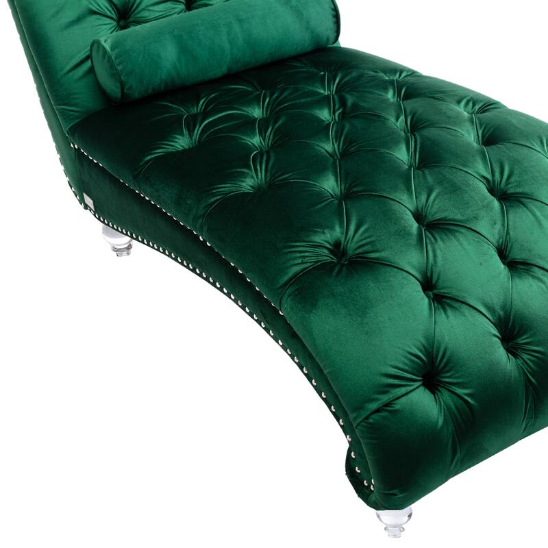 Velvet Tufted Chaise Lounge Chair Ergonomic S Shape Recliner with Pillow, Nailhead Trim and Acrylic Legs for Indoor Use