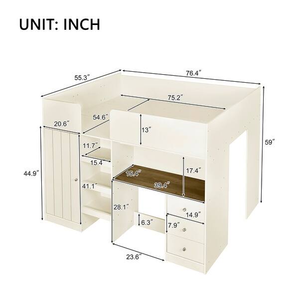 dimension image slide 1 of 2, Wood Full Size Loft Bed with Built-in Wardrobe, Desk, Storage Shelves, and Drawers