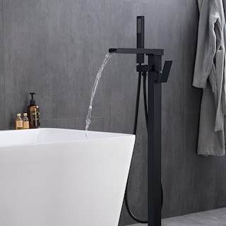 Freestanding Black Bathtub Faucet Tub Filler, Floor Mount Single Handle Bathroom Faucets with Hand Shower