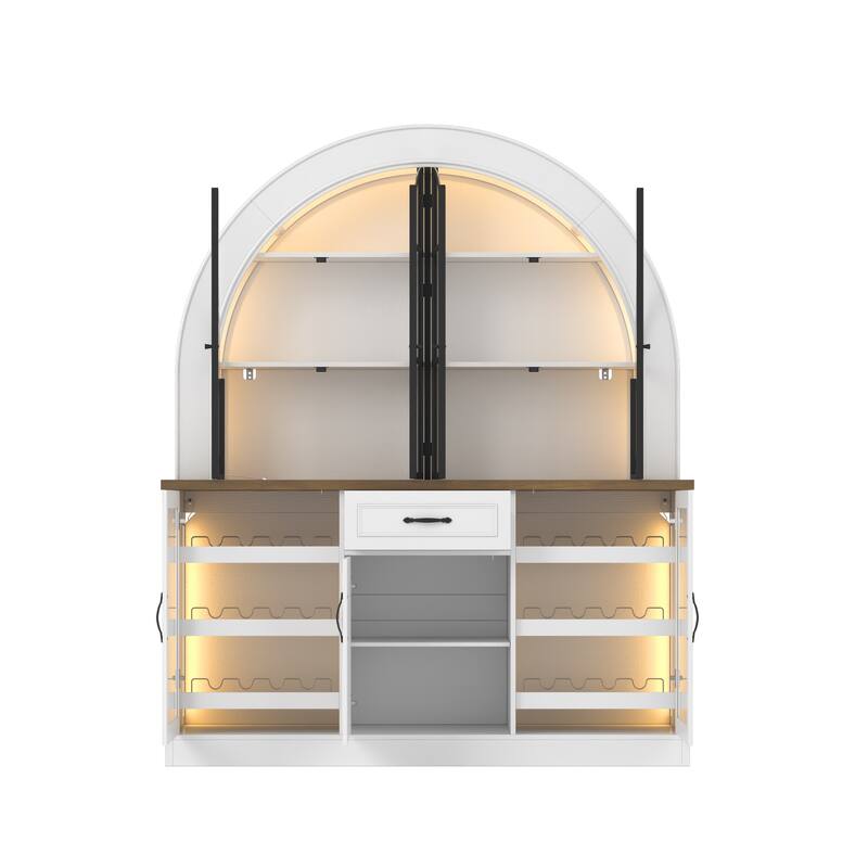 63" Arched Bar Cabinet with LED Lights Wine Bar Cabinet with Glass Doors, Liquor Storage Cabinet with Wine Rack