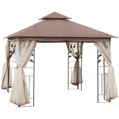 Brown-Charcoal Grey Polyester Steel Outdoor Gazebo with Netting and UV Protection
