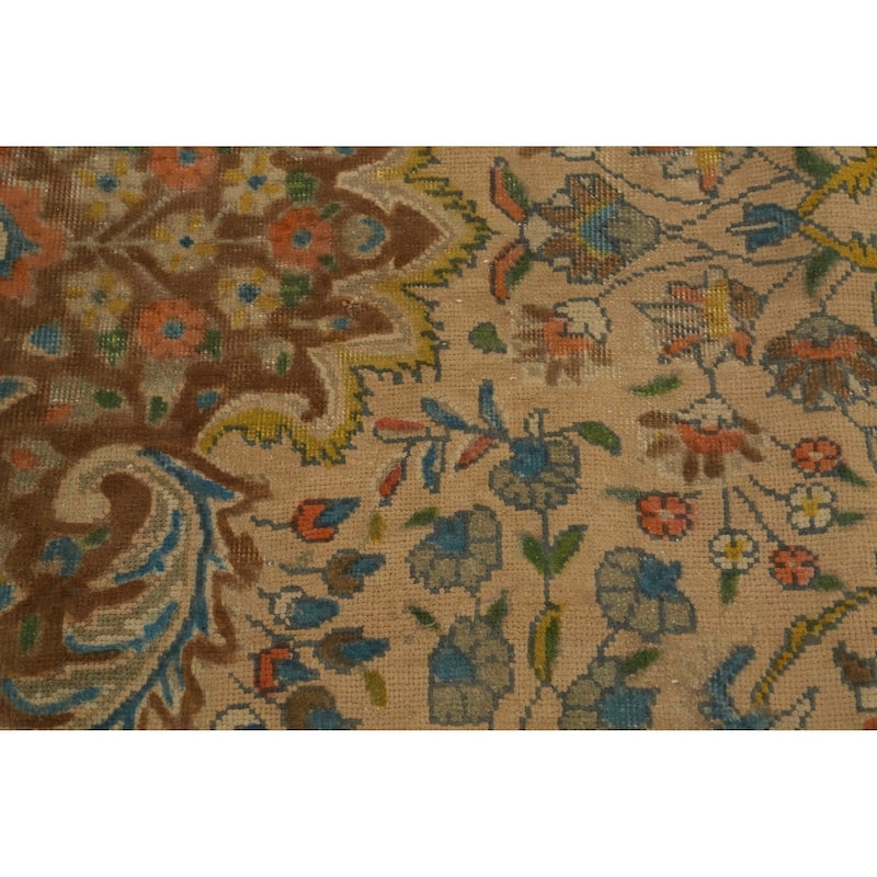 Hand Knotted Oriental 100% Wool Carpet Traditional Floral Brown Tabriz Area Rug - 12' 8'' X 9' 7''