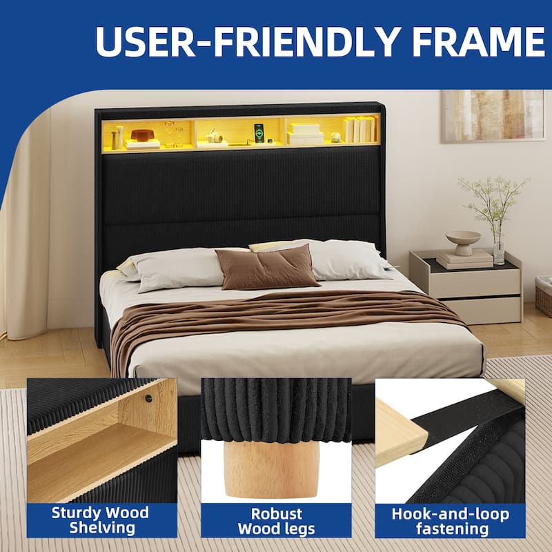 Moasis Corduroy Upholstered Platform Bed Frame with Charging Station and RGB LED Lights