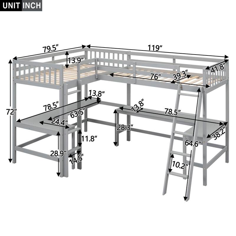 Twin L-Shaped Loft Bed with 2 Built-in Desks and Ladder, Space-Saving Wood Frame
