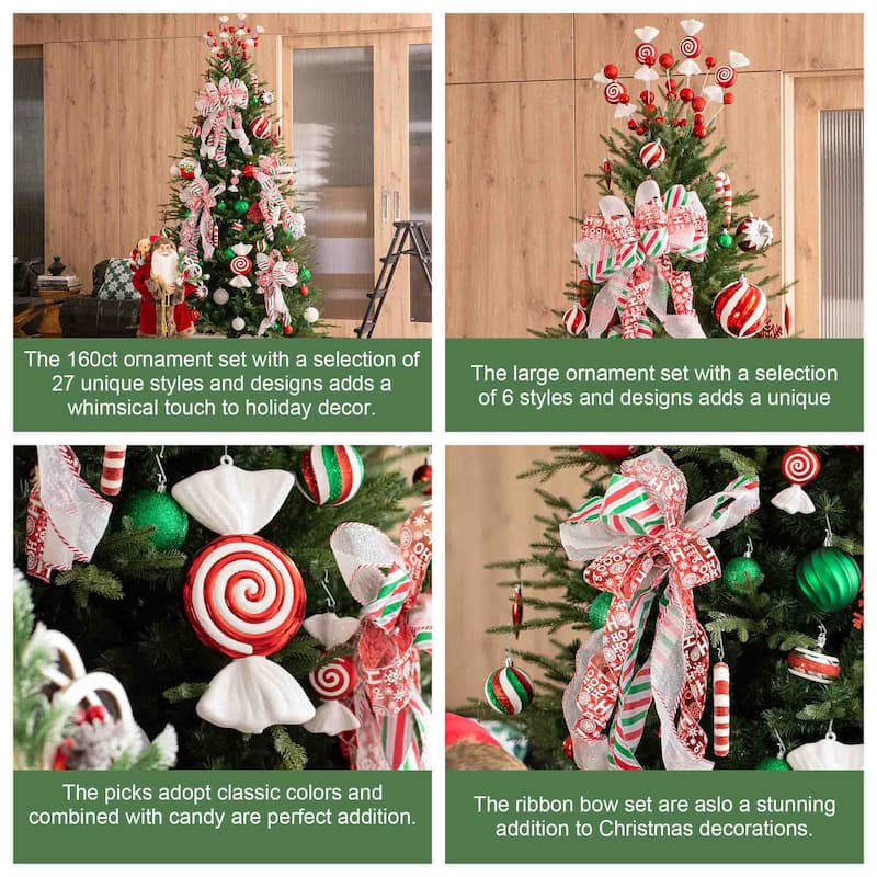 Glitzhome 178ct Christmas Ball Shatterproof Ornaments with Candy Picks & Ribbon Bow (Set of 191)