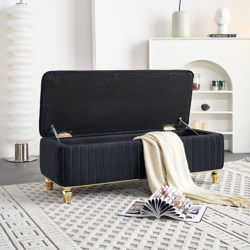 Upholstered Velvet Fabric Storage Ottoman with Safety Hinge